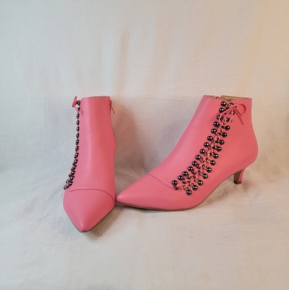 Kurt Geiger London Pink Leather Ankle Boots Kitten Heel Side Lace Beaded 37 US 7 - Picture 2 of 16